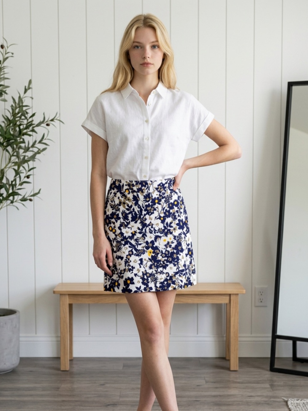 Tyler Boe Floral Mini Skirt Stretch White Blue Straight Pencil Sz 2 Cottagecore